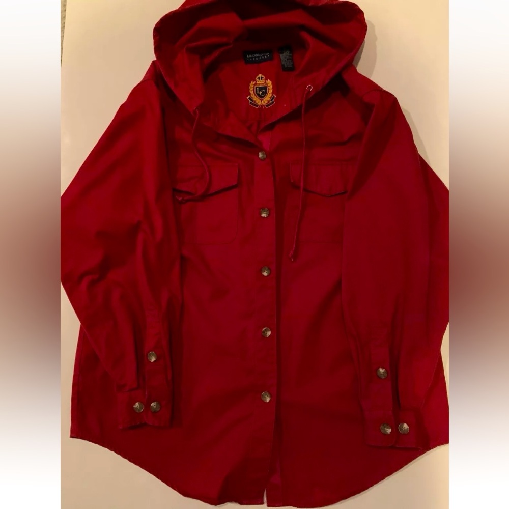 Liz Claiborne Vintage Button Down Long Sleeved Hooded Shirt Shacket Size Small